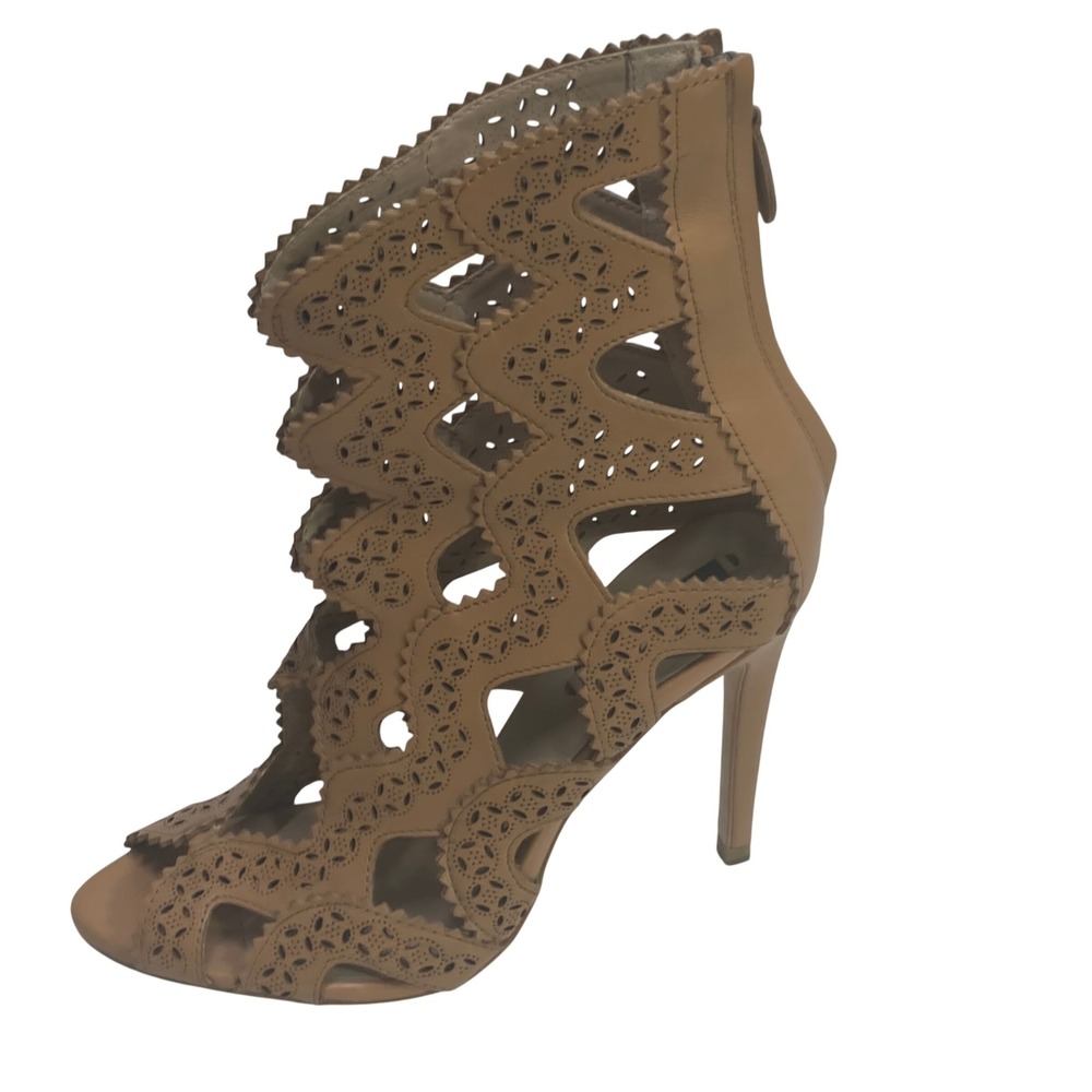 Zara Basic Tan Laser Cut Out Gladiator Stiletto‎ Booties Peep Toe Size 38 US 7.5